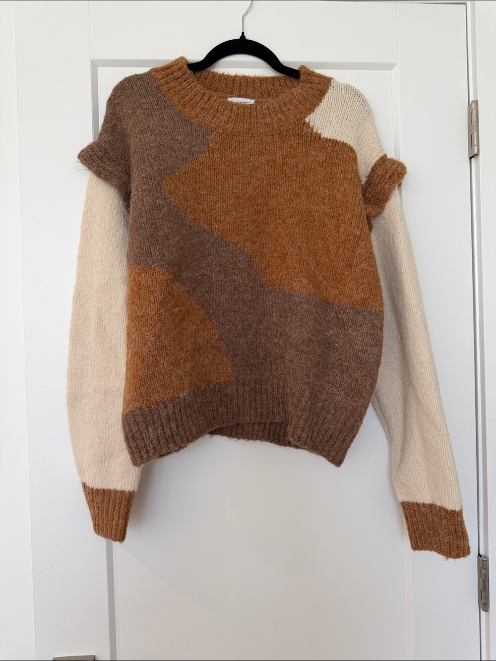 Neutral Patchwork Crewneck Sweater — Brown & Cream